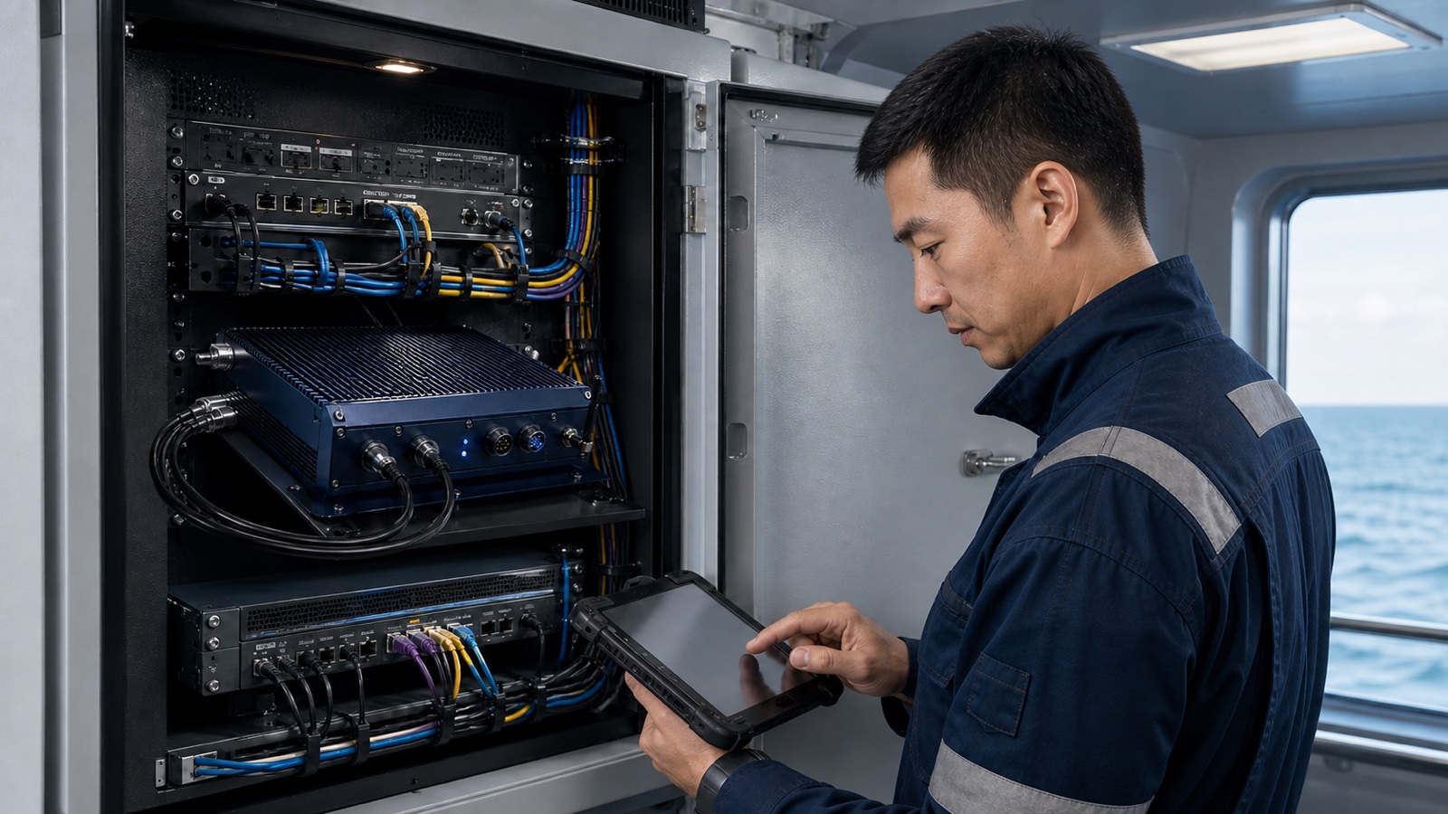 中国工程师使用移动终端维护船载边缘计算与通信设备
